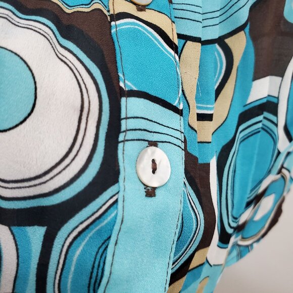 Sere Nade Serenade Y2K Women's Aqua Retro Circle Print Crinkle Button Up‎ Top S - Picture 3 of 5
